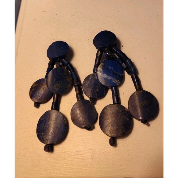 Vintage Lapis Lazuli Dangle Earrings 2" Long Round Discs Clip Ons - Picture 1 of 3